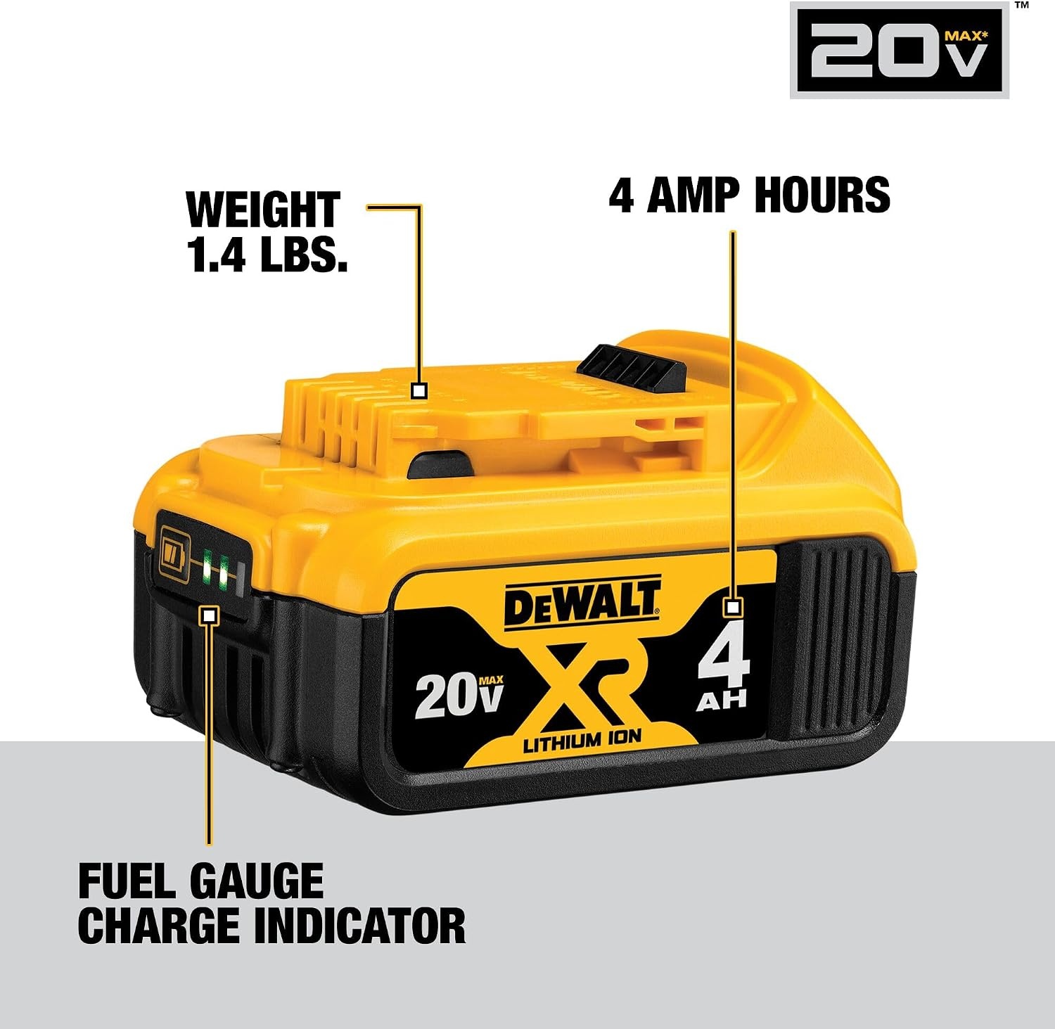 image:imageDEWALT 20V MAX Lithium Ion Battery 2 Ah and 4 Ah 4Pack Fuel Gauge LED Charge Indicators DCB324440 Ah 20 Ah