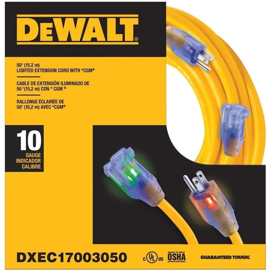 image:imageDEWALT 100 Foot 103 SJTW Lighted Extension Cord  Heavy Duty Outdoor Waterproof Weatherproof Heat amp Corrosion Resistant Industrial Strength Light Up Prong Outlet Plug Power Cord50 ft