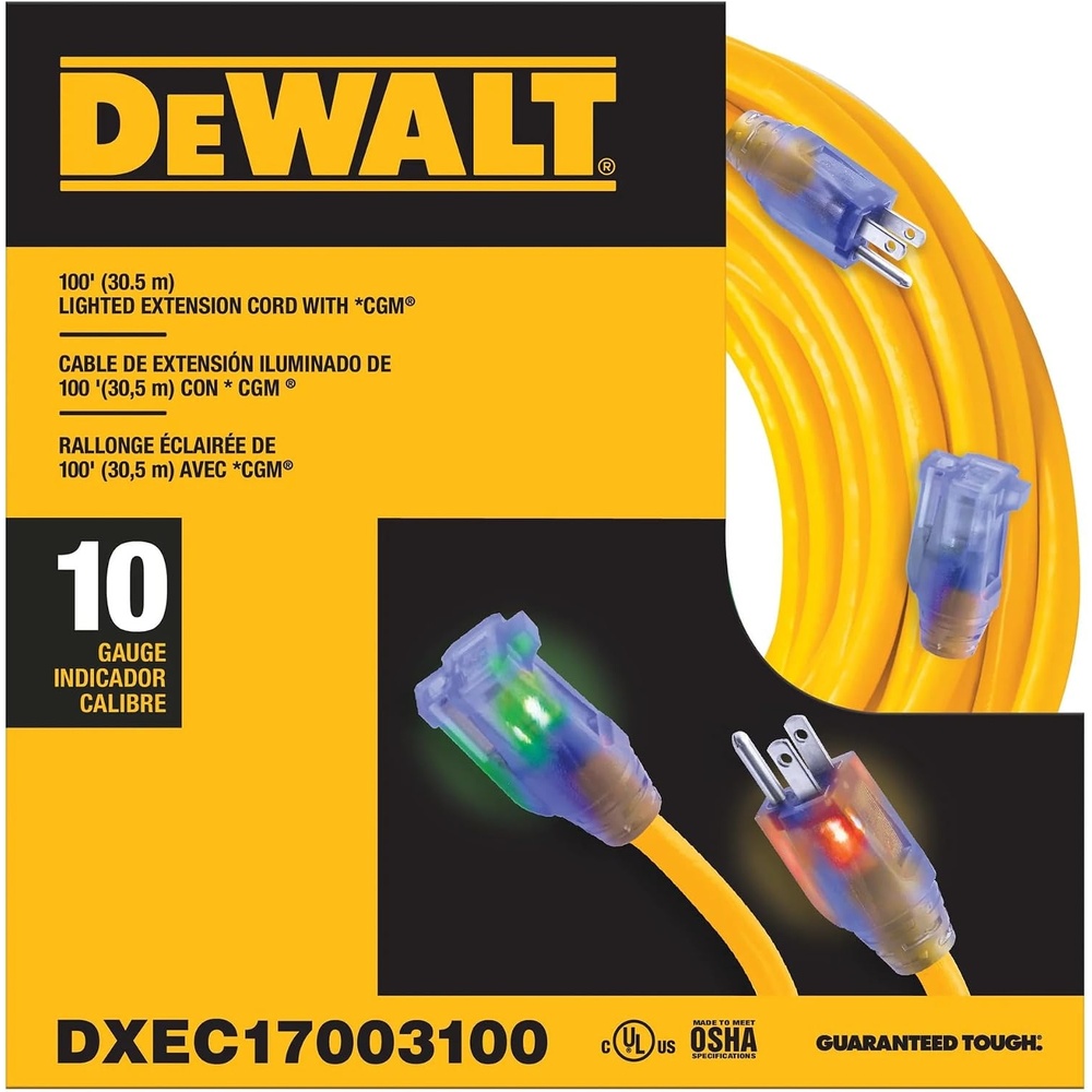 image:imageDEWALT 100 Foot 103 SJTW Lighted Extension Cord  Heavy Duty Outdoor Waterproof Weatherproof Heat amp Corrosion Resistant Industrial Strength Light Up Prong Outlet Plug Power Cord100 ft