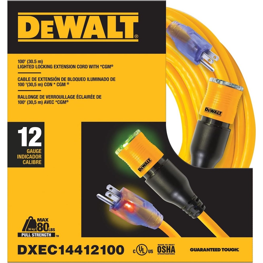 image:imageDEWALT 100 Foot Extension Cord Lighted ClicktoLock 123 SJTW  Heavy Duty Outdoor Weatherproof Heat amp Corrosion Resistant Industrial Strength Light Up Three Prong Outlet Plug Power Cord100