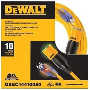 image:imageDEWALT 100 Foot Extension CordLighted ClicktoLock 103 SJTW Heavy Duty Outdoor Waterproof Weatherproof Heat amp Corrosion Resistant Industrial Strength Light Up Three Prong Outlet Plug Power Cord50 ft
