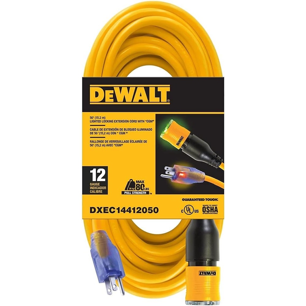 image:imageDEWALT 100 Foot Extension CordLighted ClicktoLock 103 SJTW Heavy Duty Outdoor Waterproof Weatherproof Heat amp Corrosion Resistant Industrial Strength Light Up Three Prong Outlet Plug Power Cord50