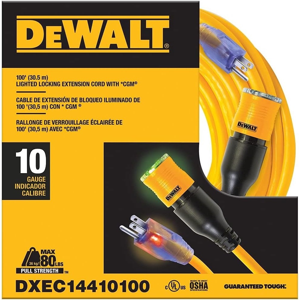image:imageDEWALT 100 Foot Extension CordLighted ClicktoLock 103 SJTW Heavy Duty Outdoor Waterproof Weatherproof Heat amp Corrosion Resistant Industrial Strength Light Up Three Prong Outlet Plug Power Cord100 ft