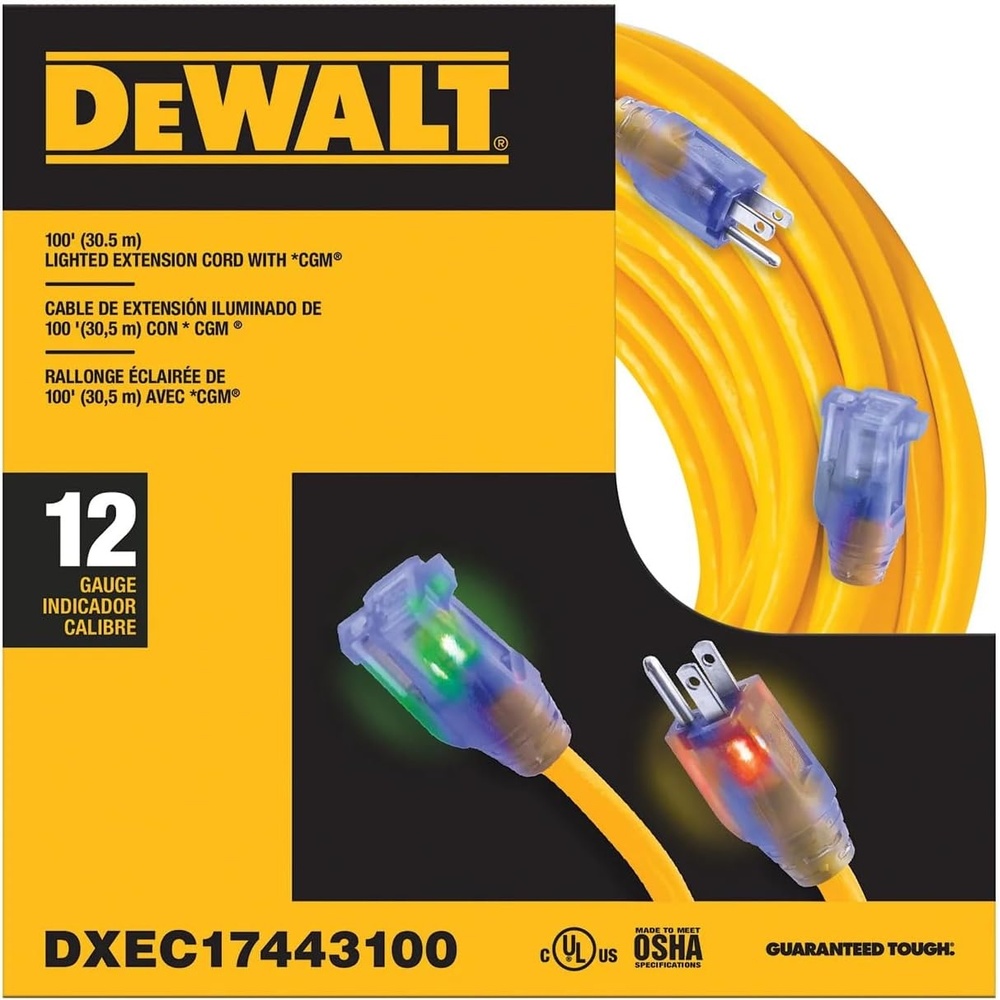 image:imageDEWALT 25 Foot 123 SJTW Lighted Extension Cord  Heavy Duty Outdoor Waterproof Weatherproof Heat amp Corrosion Resistant Industrial Strength Light Up Prong Outlet Plug Power CordGreen Yellow