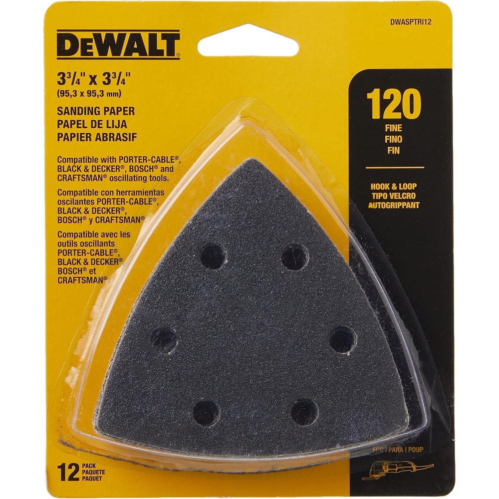 image:imageDEWALT DWASPTRI12 Hook and Loop Triangle 120 Grit Sandpaper 12Pack Black120G  12Pack