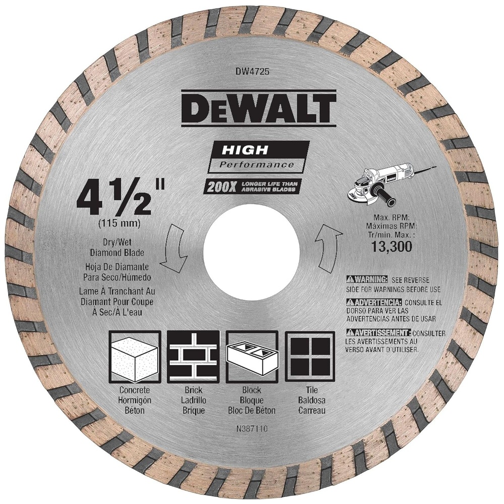 image:imageDEWALT Diamond Blade for Masonry Dry Cutting Continuous Rim 78Inch Arbor 412Inch DW47251 Count Pack of 1