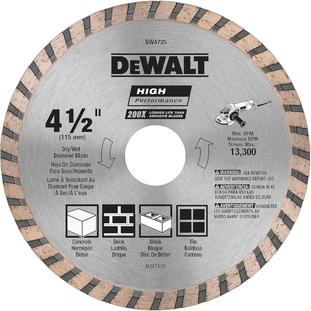 image:imageDEWALT Diamond Blade for Masonry Dry Cutting Continuous Rim 78Inch Arbor 412Inch DW47251 Count Pack of 10