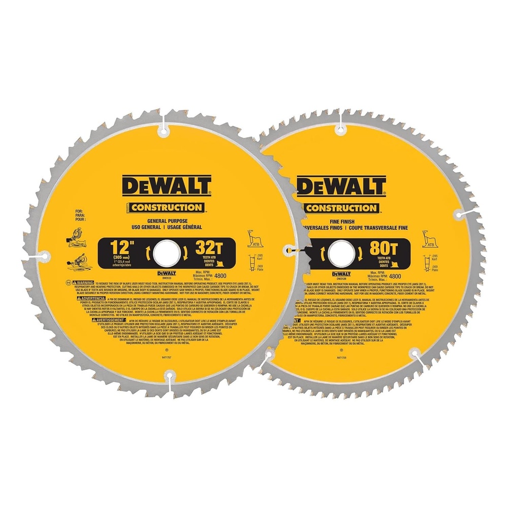 image:imageDEWALT Miter Saw Blade Combo Pack 12 Blades 40 Tooth amp 60 Tooth Fine Finish Ultra Sharp Carbide DWA112CMBSaw Blade 2 Pack  12 In  80T