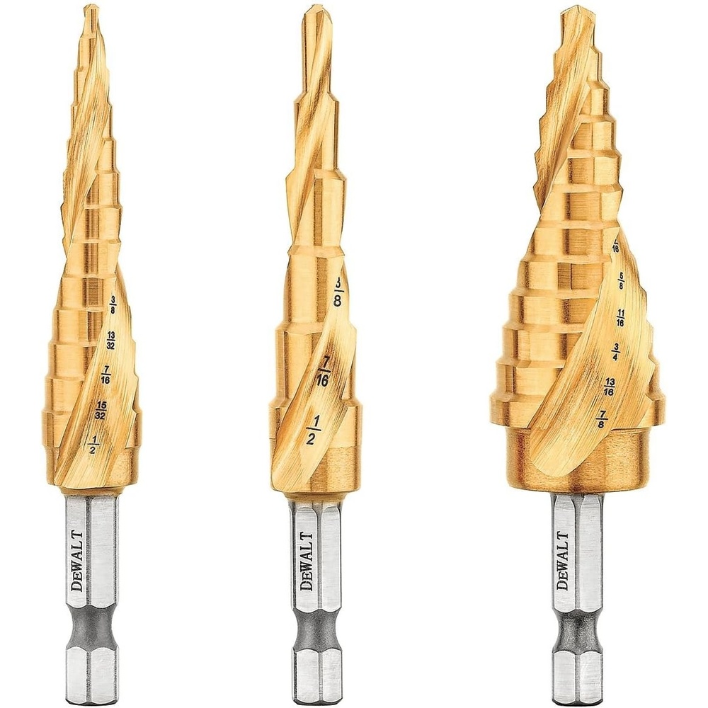 image:imageDEWALT Step Drill Bit Set3 Piece Titanium Nitride Coated 31 Hole Sizes 18 in to 78 in 14 in Shank Hex Size DWA1790IR